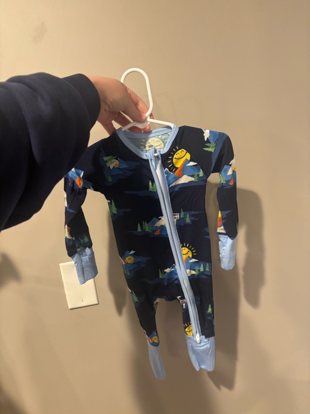 BAMBOO 0-3m Navy Scenic Print Kids Footed Pajamas with Light Blue Trim